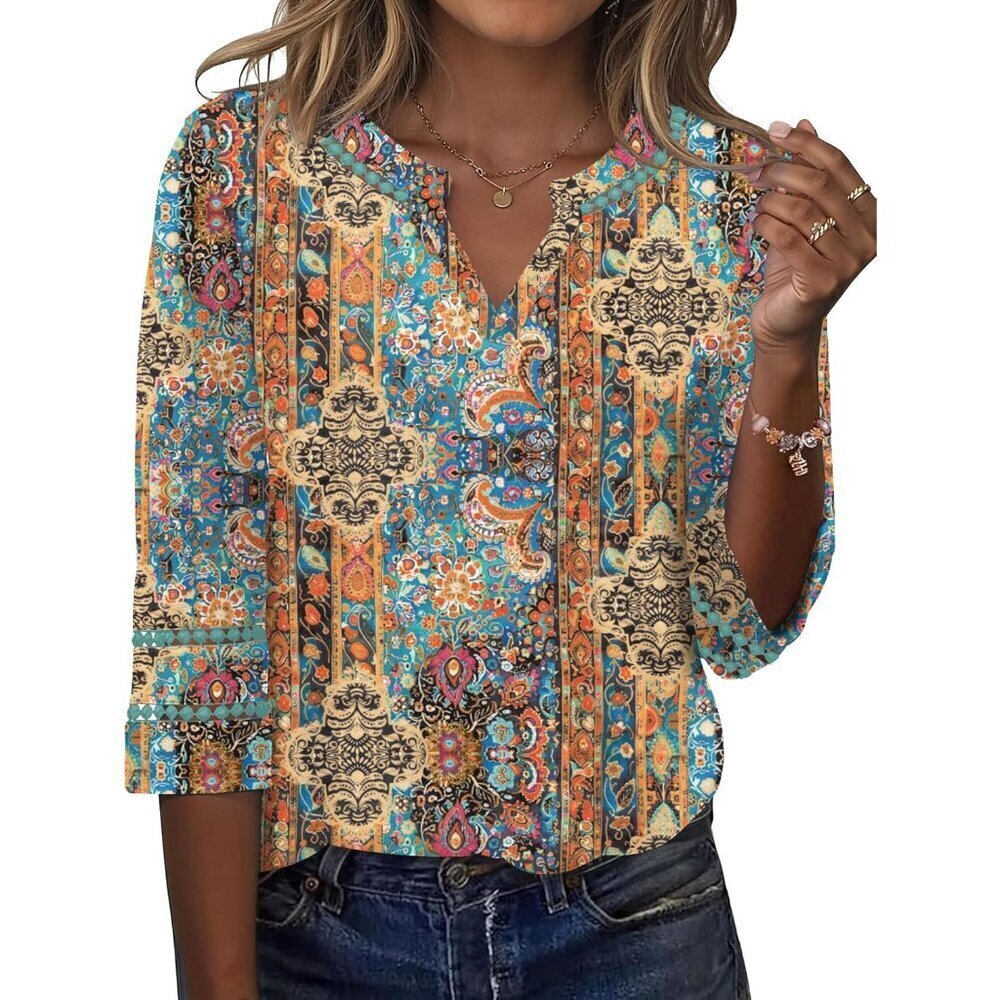 Women's V Neck Lace Embroidered Sleeve Tunic Top Casual Summer Blouse